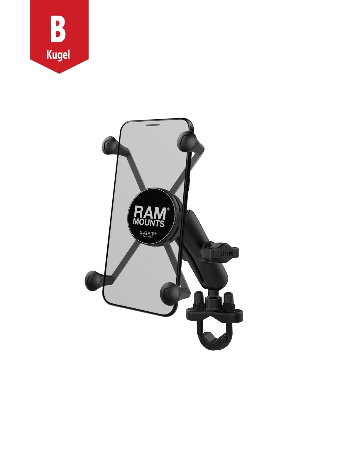 RAM Mounts X-Grip Lenker-Halterung für Smartphones bis 114,3 mm Breite - B-Kugel (1 Zoll), Schraubklemme, mittlerer Verbindungsarm